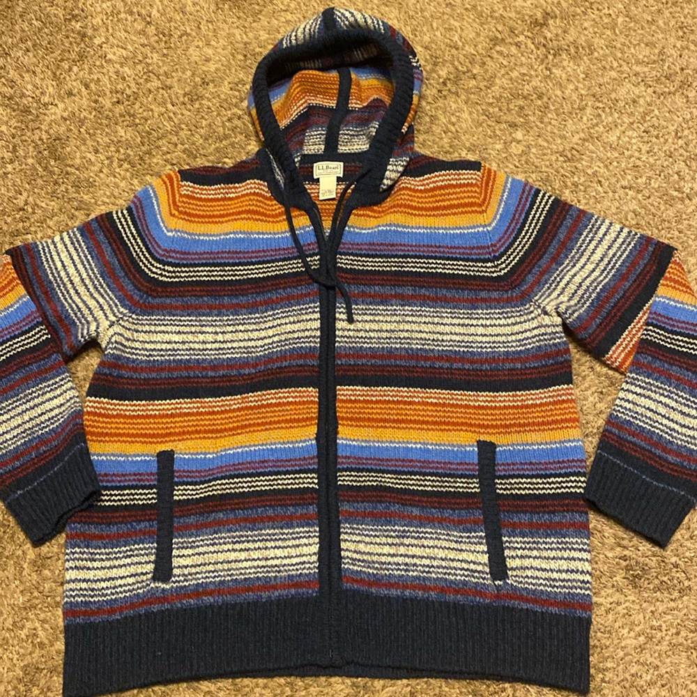 L.L.Bean Stripe Rag Wool Lambs’ Wool Hoodie Sweater Size XL